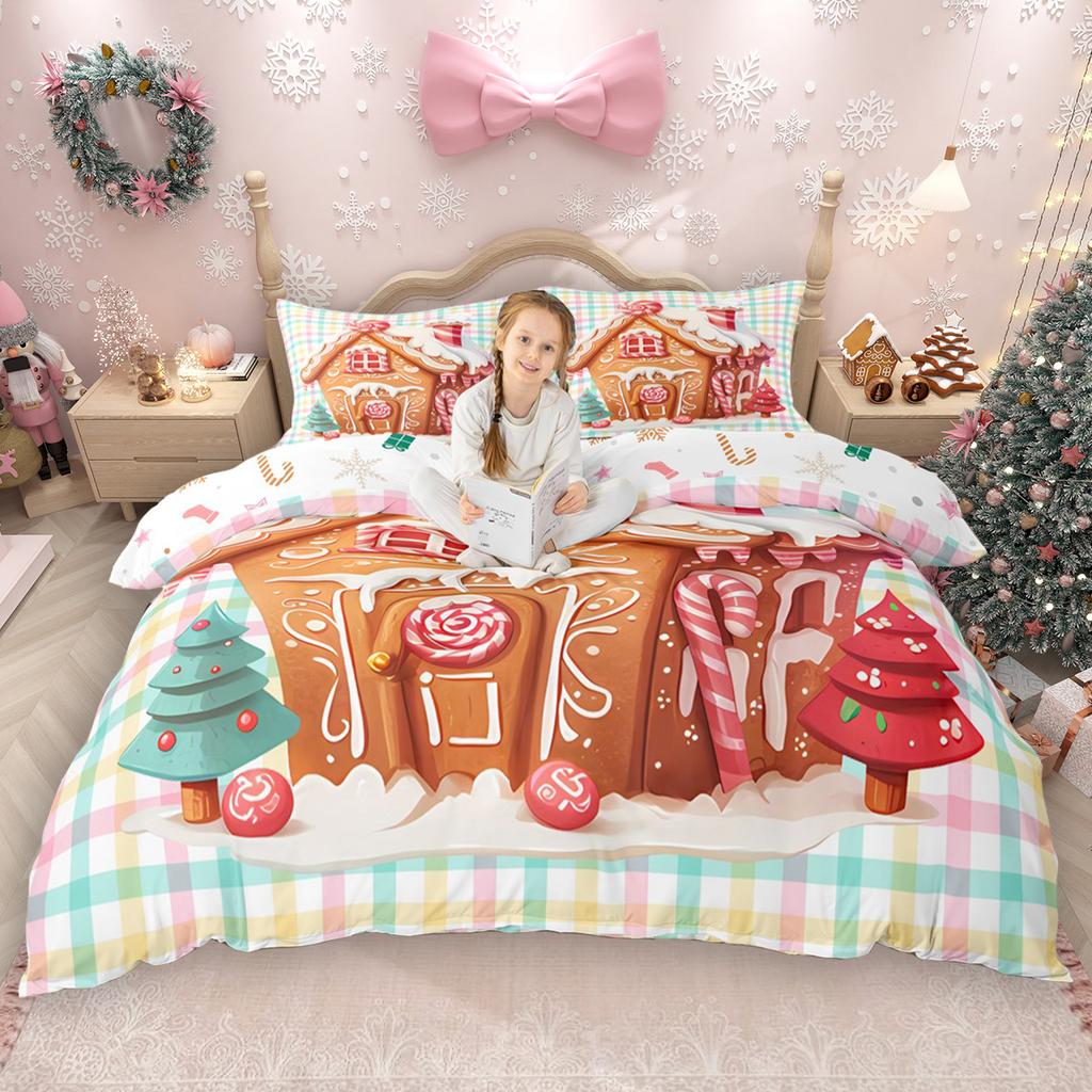 Homewish Kids Merry Christmas Duvet Cover Set 2pcs/3pcs, Gingerbread Xmas Tree Bedding Set, Cute Snowman Snowflake Quilt Cover