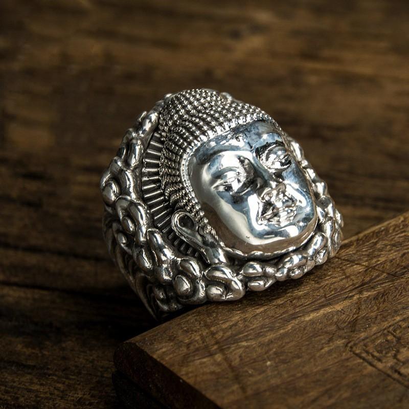 Adjustable Plated Vintage Buddhist Ring With Dainichi Nyorai Motif Unisex Boho Statement Jewelry