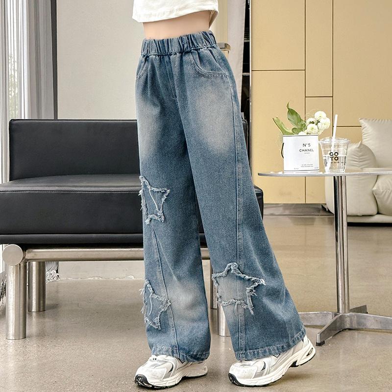 Spring Autumn Children Trousers  Girls' Jeans Teens School Star Design Casual Loose Jeans for Girl Elastic Waist Kids Straight Pants