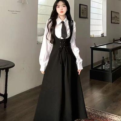 Autumn Preppy Style 3 Piece Dress Set Women Casual Simple Shirt +Tie+ Elegant Sleeveless Strap Dress Korean Fashion Dress Suit