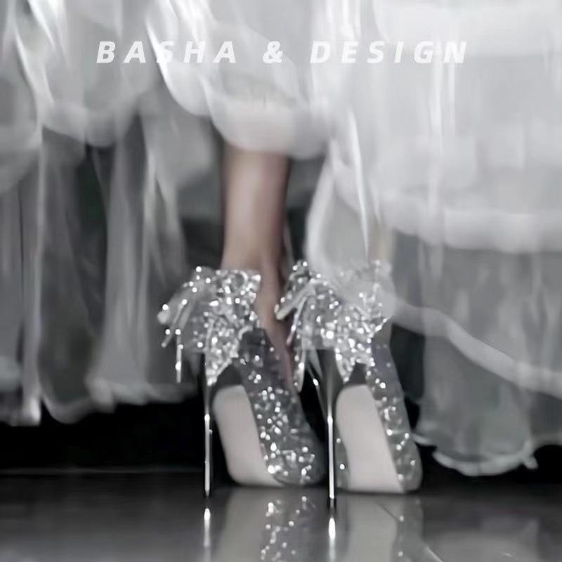 Spring and Autumn New Crystal Diamond Silver Bow High Heels Women's Fine Heels Bridesmaid Wedding Shoes Women