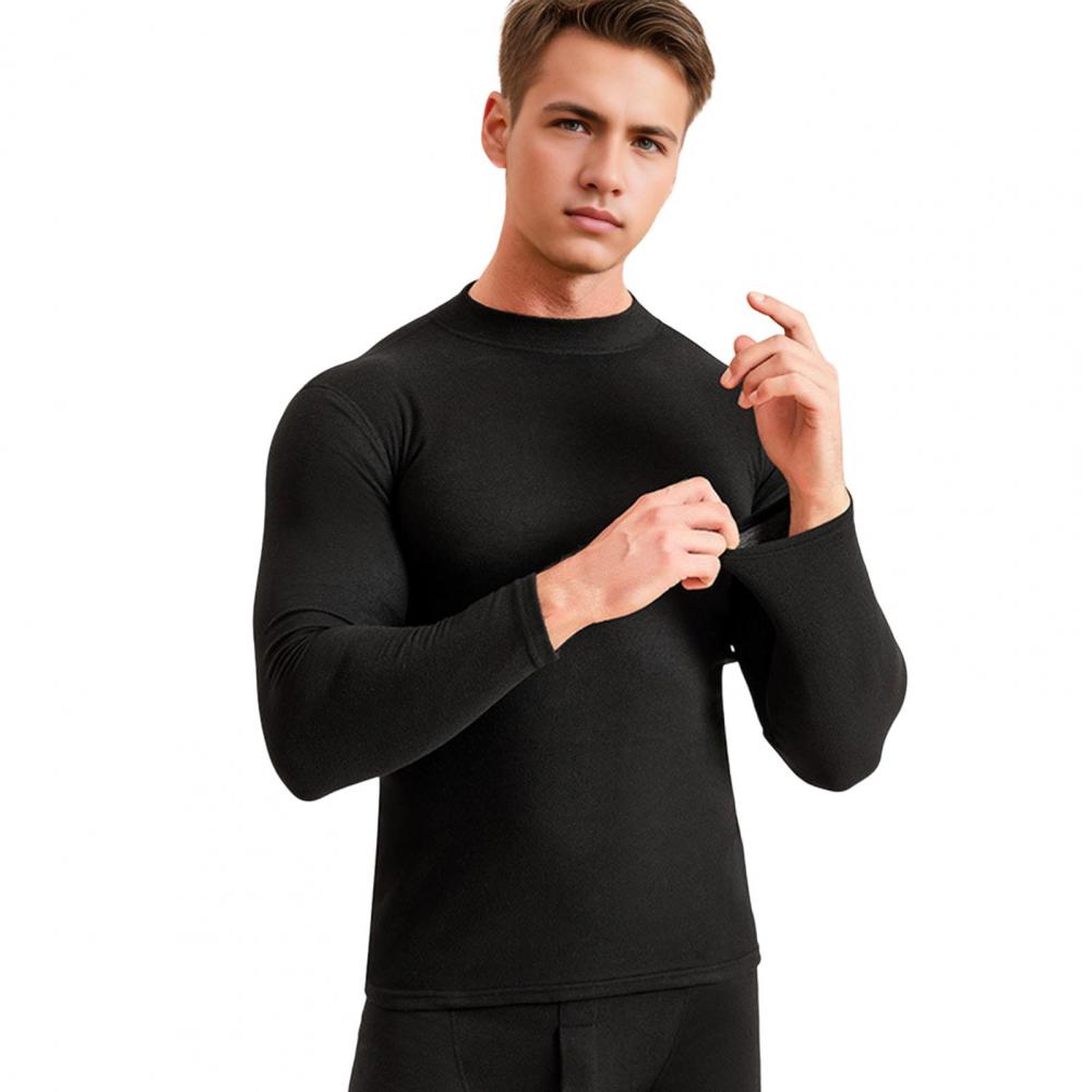 2Pcs/Set Men Warm Outfit O-Neck Long Sleeve Thermal Top High Waist Long Trousers Set Slim Fit Breathable Bottom Outfit