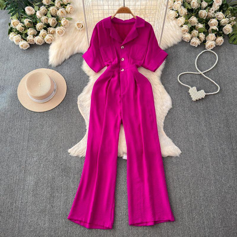 

K-style High Waist Loose Pants Casual Straight-Leg Suit Collar Rose Red One size
