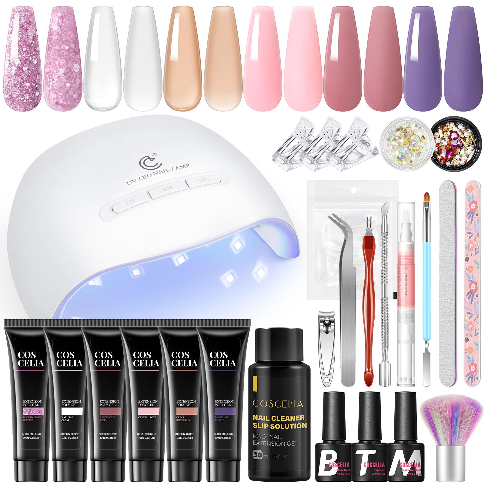 

Coscelia 6Pcs 10ml Poly Nail Extension Gel Kit Nail Lamp with Top and Base Coat Building Gel Quick Nail Extension Long-Lasting Poly Nail Gel Kit