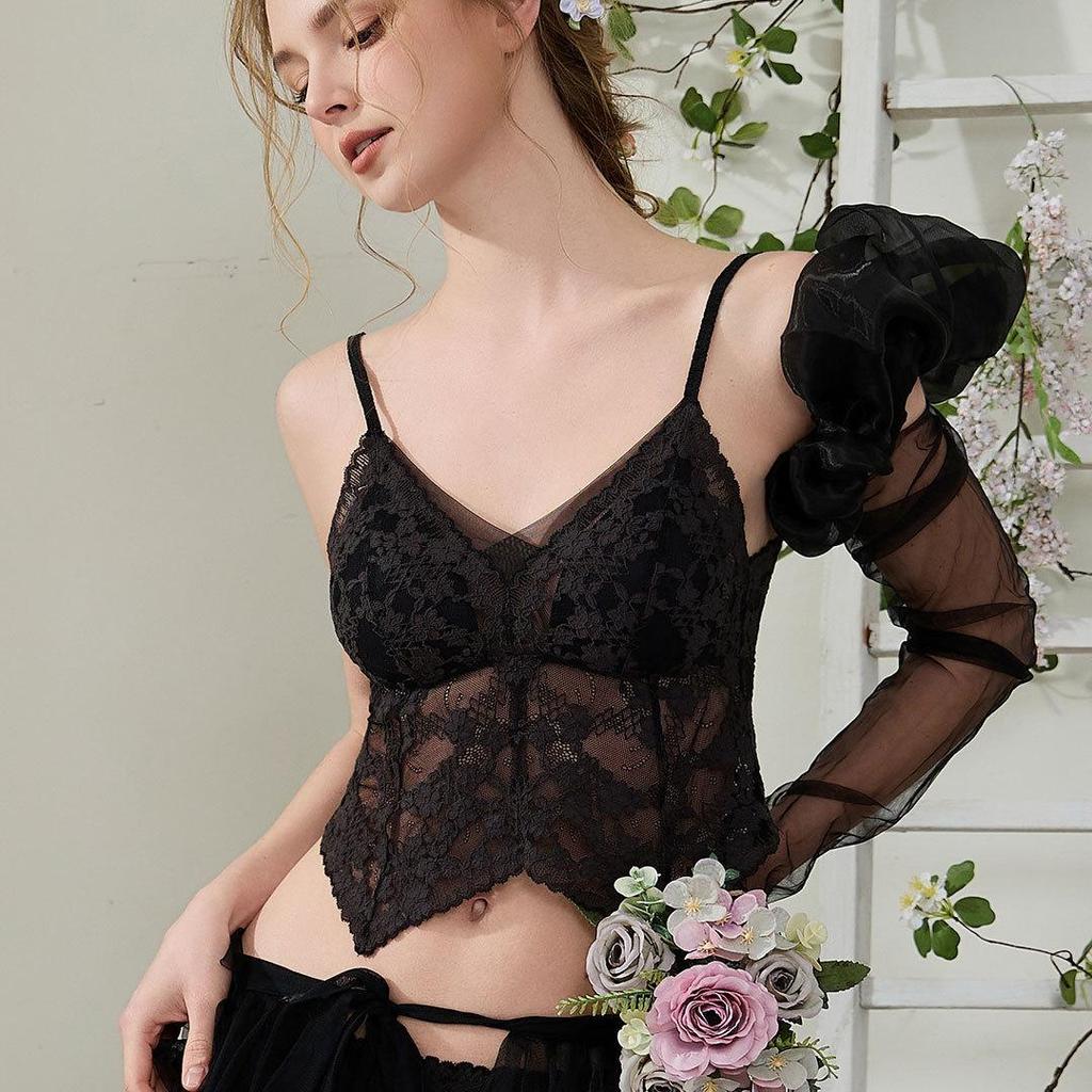 French Pure Desire Floral Lace Spaghetti Strap Triangle Cup Lingerie Set - Invisible Back Buckle Bra & Beautiful Back Design