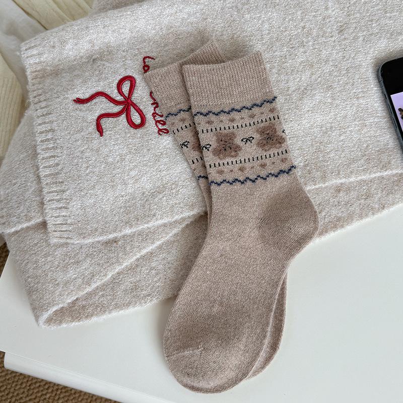 

Women s Fair Isle Bear Mid-Calf Socks - Warm Fleece Home Sleep Socks for Autumn/Winter One Size хаки
