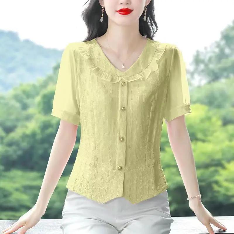 

Летняя женская шифоновая блузка с рюшами и V-образным вырезом, короткий рукав, на пуговицах, повседневный топ M жёлтый