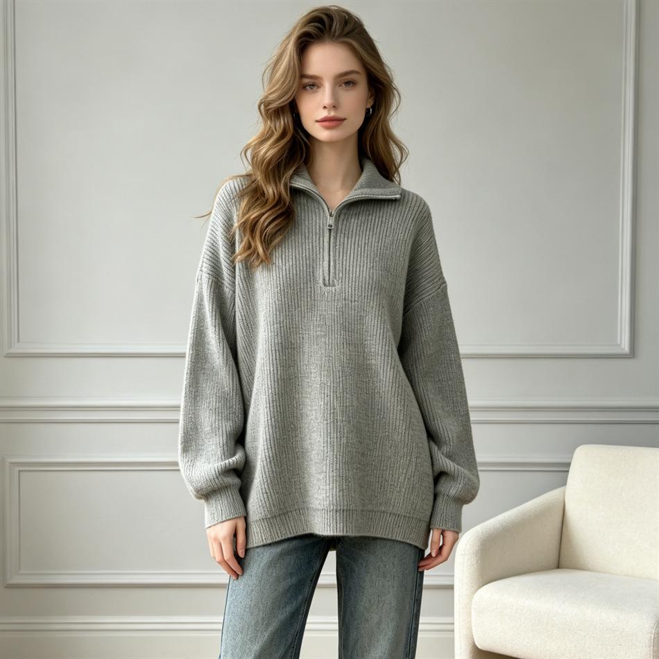 Solid color half-zipper lapel sweater women's soft waxy autumn and winter new loose and lazy outer wear pullover knitted top