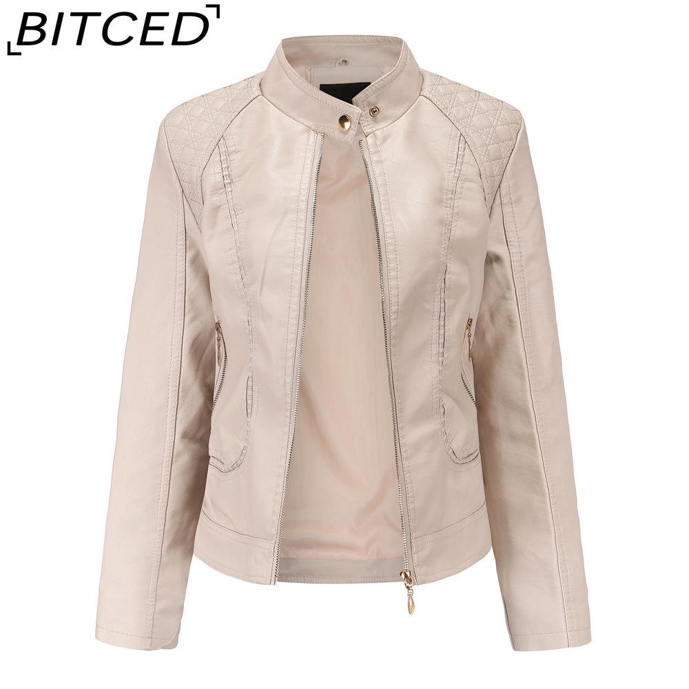 

BITCED Spring/Autumn Women s Leather Jacket Women s Elegant Plus Size Stand Collar Leather Jacket XXXXL бежевый