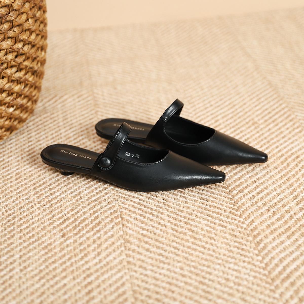 

139-5 остроносые задние воздушные туфли с мелким вырезом, темпераментные балетки, женские новые весенние черные туфли с ремешком на одно слово, полуоткрытые, удобные женские туфли 35 чёрный
