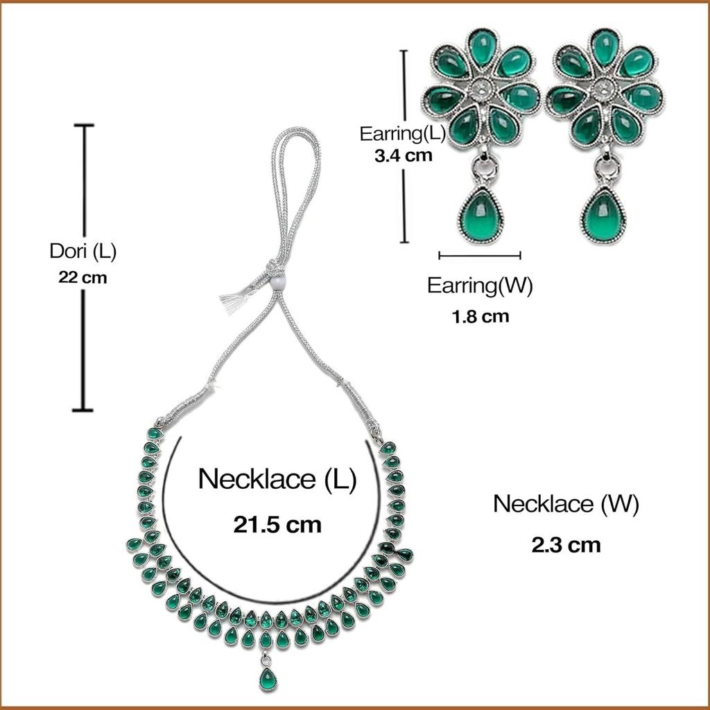 Oxidised  Pear Shaped American Diamond Studded Necklace Earrings Jewellery Set for Girls and Women