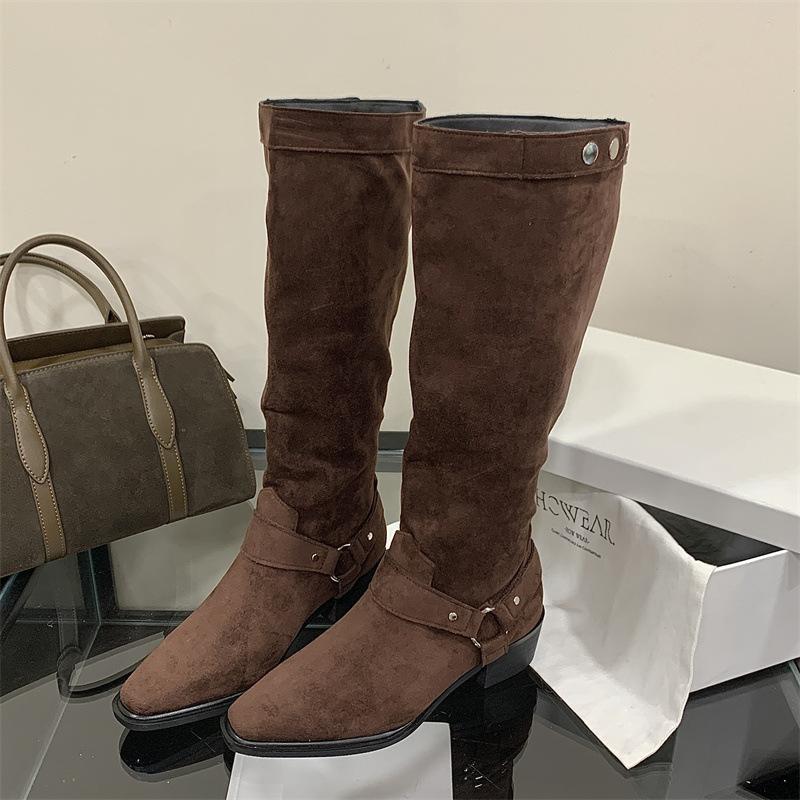 Rich and rich retro Maillard cowboy boots belt buckle thick heel tall boots autumn and winter 2025 new knight boots