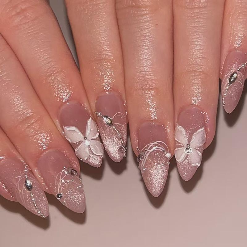 24Pcs Autumn Winter Matte Almond False Nails with Glue Rose Leaf Printing Nail Art Simple Full Cover Press On Acrylic Nails Tips