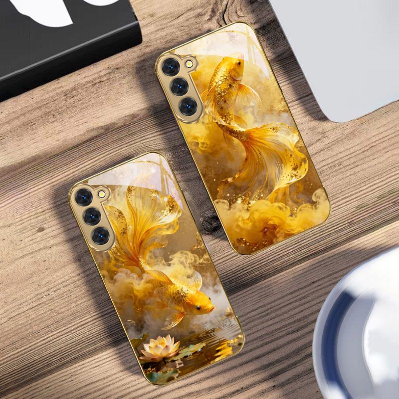 Harmonious Golden Carp For Samsung Galaxy S20 FE S21 S22 S23 Plus S24 Ultra 25Ultra S21+ S9+ S22Plus Golden Glass Phone Case