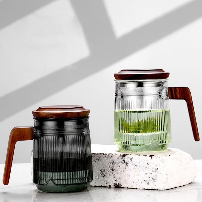 400ML Stripe Heat Resistant Glass Tea Water Separation Tea Cup With Wood Handle Brewing Flower Puer Cups Kung Fu Tea Mug Set