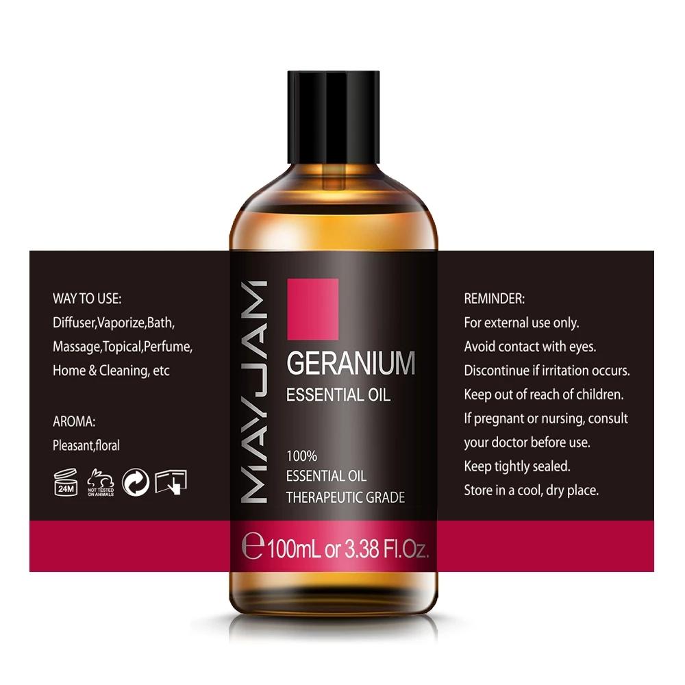 MAYJAM 100ml Geranium esenciální olej aromaterapie pro repelentní sterilizaci osvěžující ošetření povadlé pokožky květinová vůně olej do difuzéru