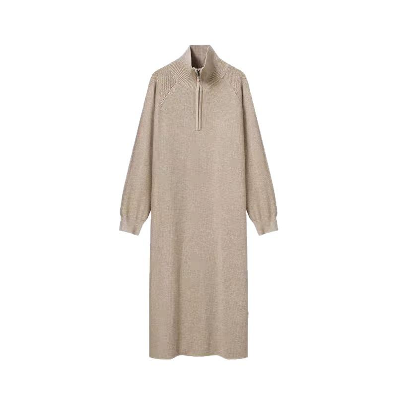 Women's Temperament Knitted Sweater Medium and Long Fashion Pullover Sweater Loose Zipper Bottom Dress