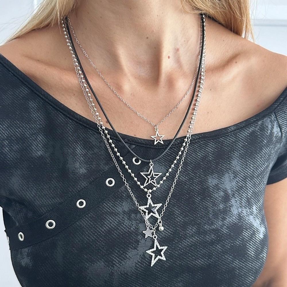 Hollow Out Star Pendant Necklace Punk Goth Y2K Metal Necklace Charm Beaded Necklace Girl