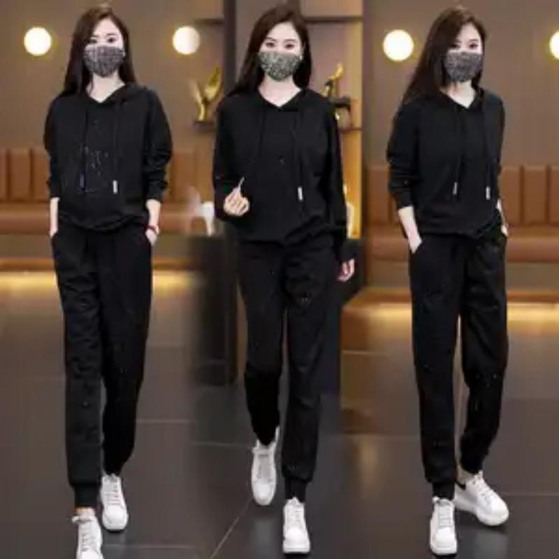 Women Rhinestone Hooded Long Sleeve Loose Two Piece Pants Set