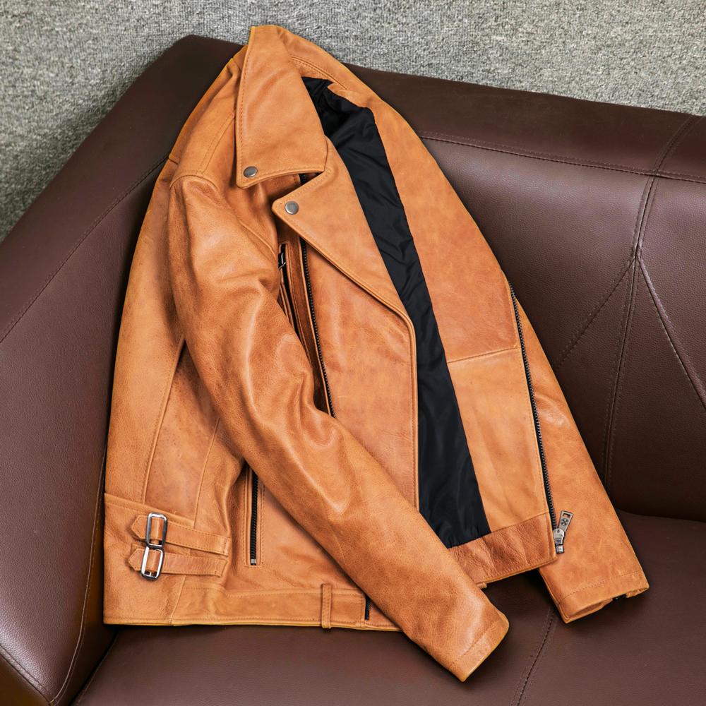 Mens Genuine Leather Jacket Heavyweight Waxed Cowhide Slim Fit Biker Short Coat Notch Lapel