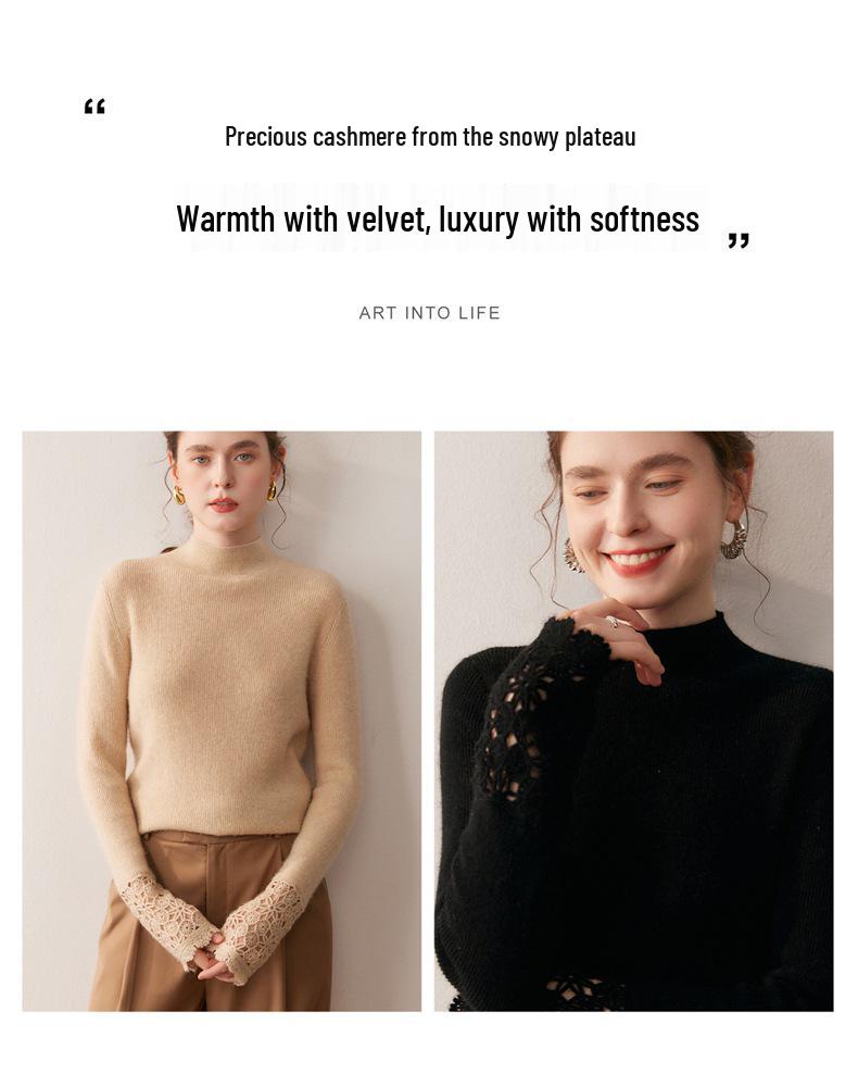 Women's Hand-Crocheted Cashmere Sweater - Slim Fit, Half-High Collar, Long Sleeve, Solid Color, Autumn/Winter Collection