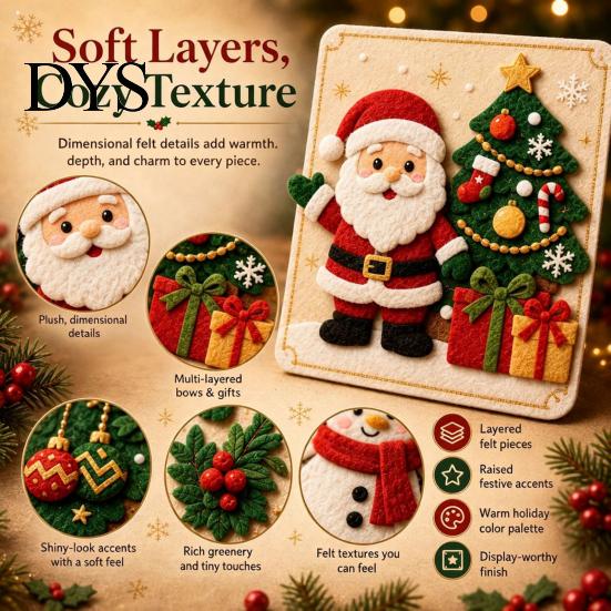 Creative DIY Handicraft Projects Christmas Magic Felt Sticker Art Kit for Kids, 3D Layered Santa & Tree Texture Handcraft Set Craft Set, No Mess Peel