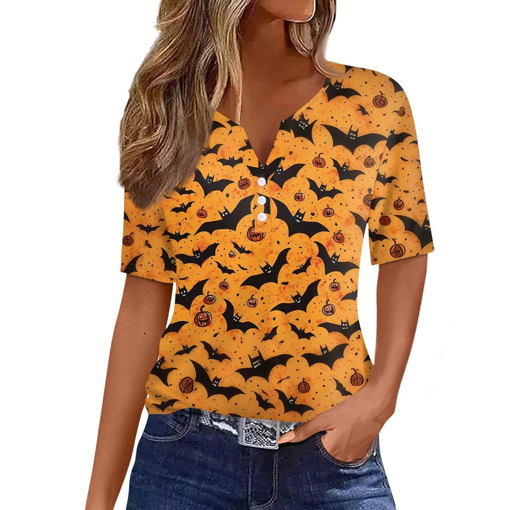 Women's T Shirt Halloween Print Button Short Sleeve Daily Weekend Fashion Basic V- Neck Regular Top