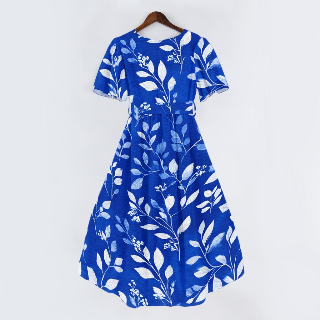 Women's Casual V Neck Short Sleeve Floral Print Dress Lightweight Summer Midi Dress with Elastic Waist and Flared Skirt for Daily Wear