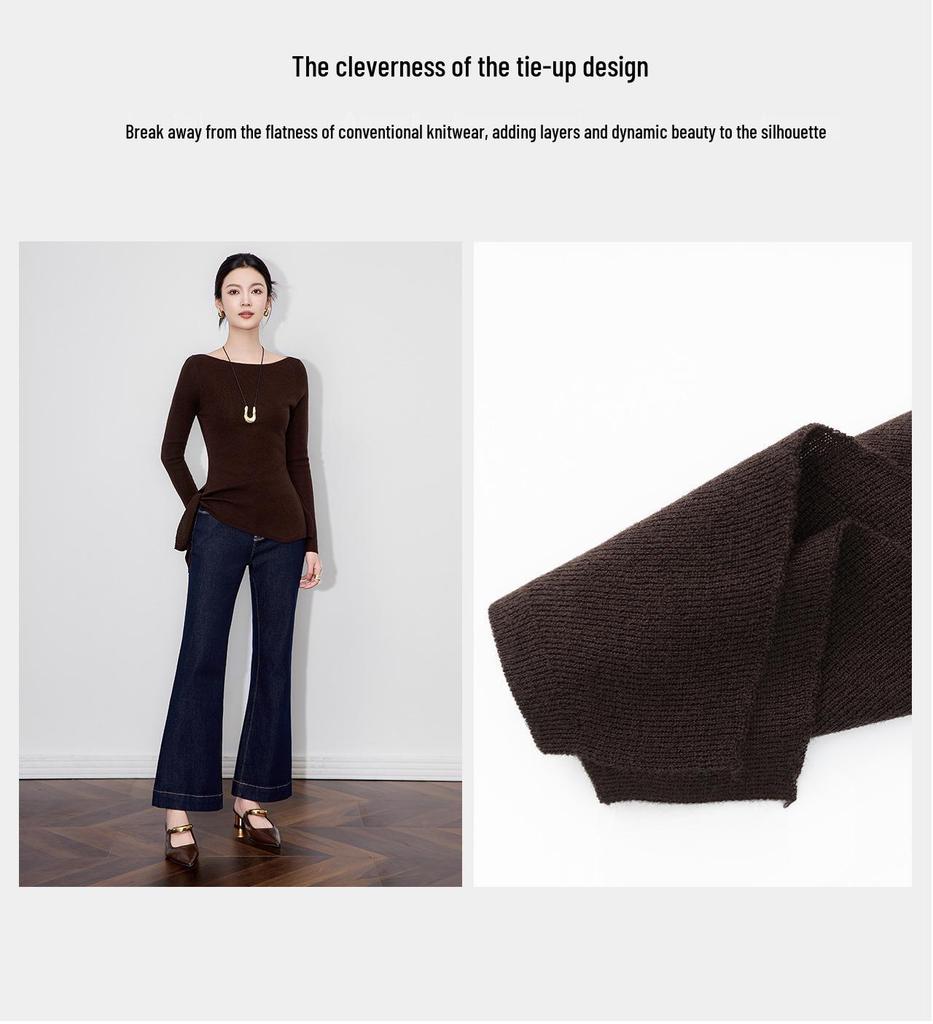 Design Sense Off-Shoulder Tie-Up Wool Knit Top: Minimalist Waist-Defining Long Sleeve for Early Autumn