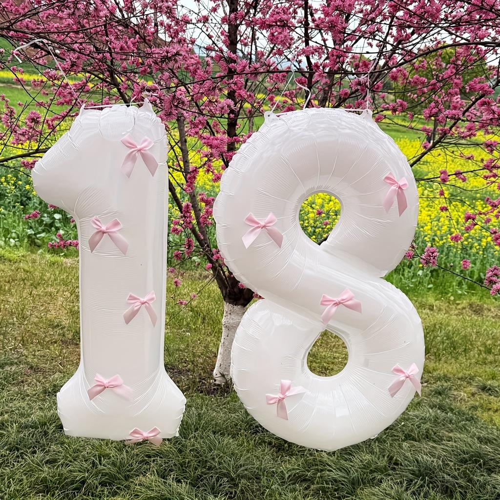 2pcs101.6cm Pink Bow Decoration White Digital Balloon for Birthday Anniversary Wedding Graduation Season New Year Decoration