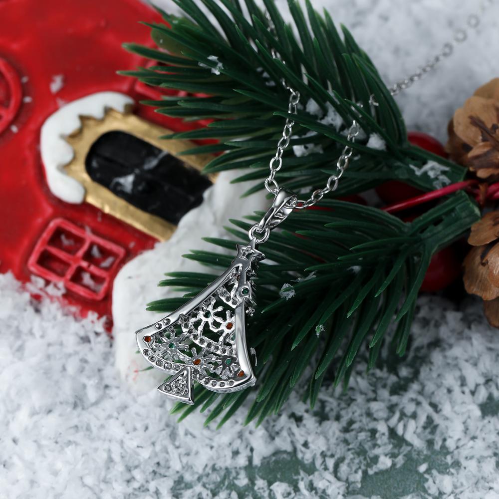 Silver Christmas Tree Pendant Necklace Multi-color Rhinestone Hollow Design Winter Jewelry New Year Gift for Women Girls Fashion Accessory
