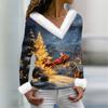 Women's T Shirt Tee Christmas Shirt Long Sleeve Party Christmas Print Fleece Collar V Neck Top
