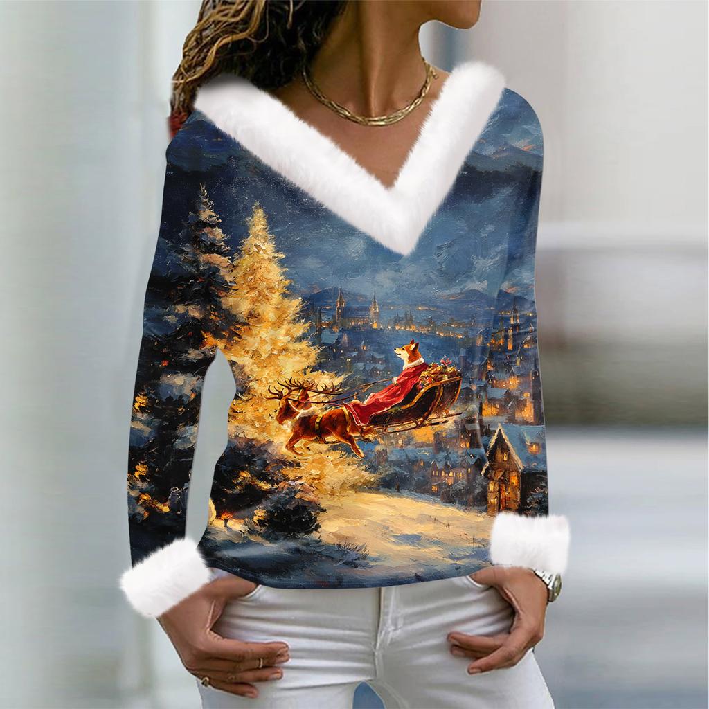 Women's T Shirt Tee Christmas Shirt Long Sleeve Party Christmas Print Fleece Collar V Neck Top