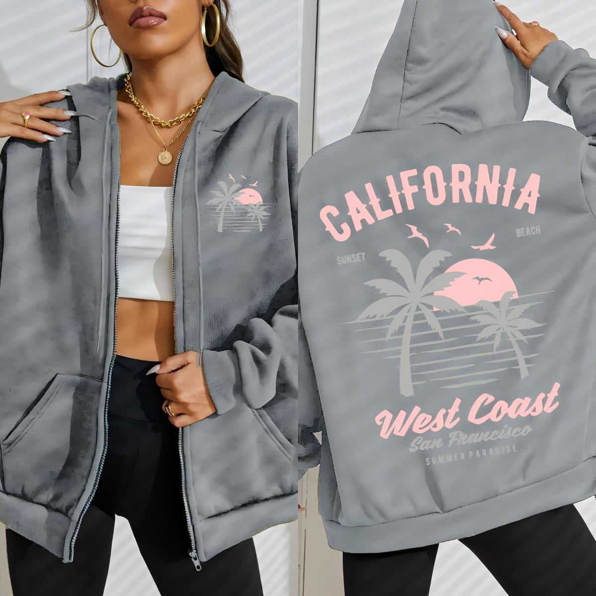 

California West Coast Beach Sunsets Pattern Women Zipper Hoody Fashion Autumn Hoodie Pocket Streetwear Fleece Loose Top S