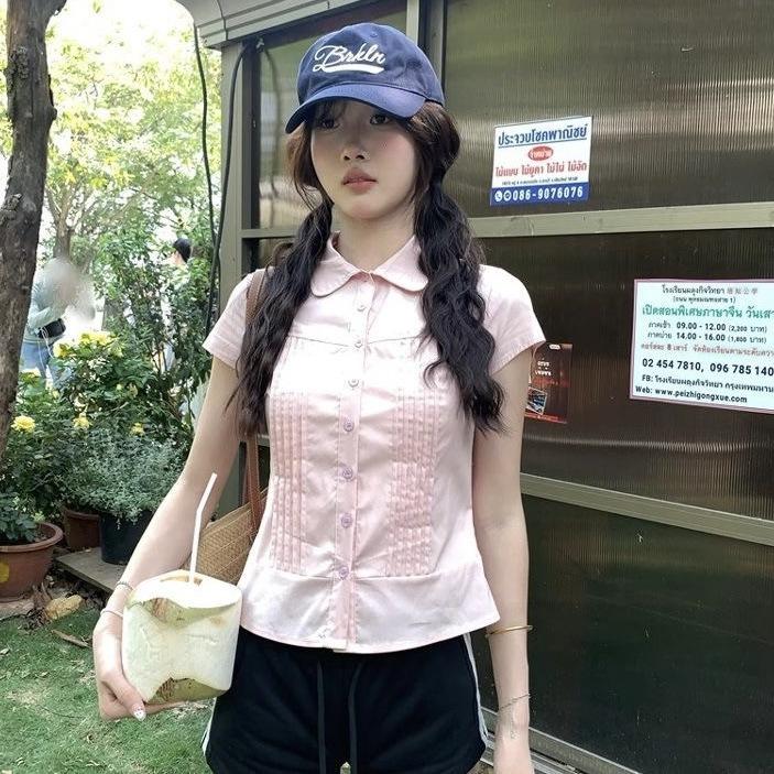 Korean style spicy girl pink pleated loose slimming lapelle shirt, lazy style simple versatile shirt for women, summer top