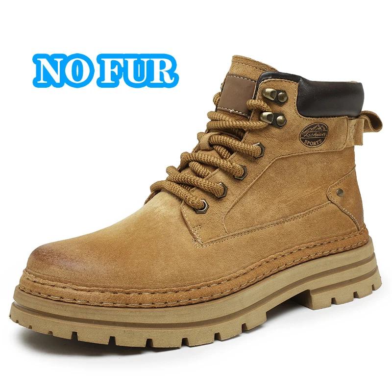 Men's Boots Warm Plush Fur Winter Shoes Man Suede Leather High Top Outdoor Fashion Sneakers Male Motorcycle Boots New Snow Shoes