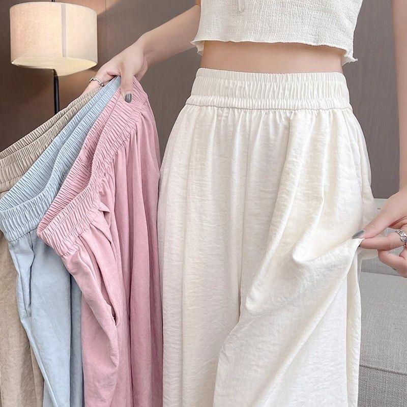 Women's High Rise Wide Leg Pants Straight Leg Trousers Ice Silk Textured Wrinkle Loose Petite Lazy Japanese Casual Thin Summer Long Pants