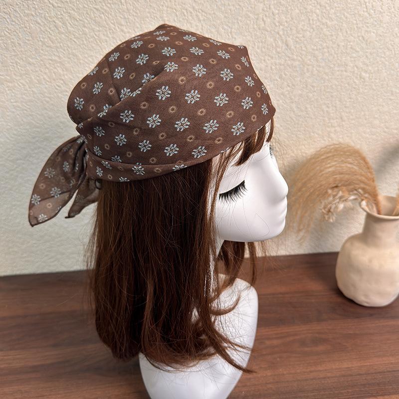 Hair Scarf Vintage Brown Polka Dot Floral Print Square Headscarf Hairbands Bandana Headbands for Women Girl Hair Accessories 1pc