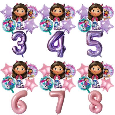 6pcs Gabby Dollhouse Cats Balloons Birthday Party Decorations Purple Pink Number Balloon Baby Shower Supplies Kids Gift Round Sensory Compression