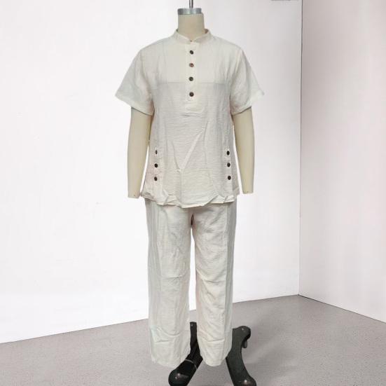 Women's 2 Piece Linen Sets, Short Sleeve Button Up Top And Wide Leg Pants Matching Outfits, Summer Casual Lounge Sets with Pockets