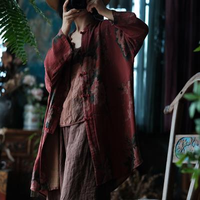 Vintage Women Red Print Floral Long Shirts Button Stand Long Sleeve Blouses Autumn Chinese Style Shirt