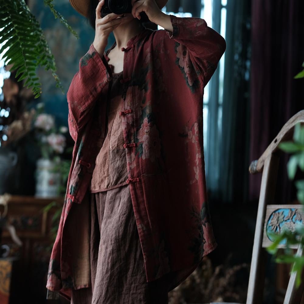 Johnature Vintage Women Red Print Floral Long Shirts Button Stand Long Sleeve Blouses Autumn Chinese Style Shirt