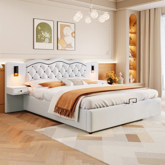 180x200cm Flat Bed, Upholstered Bed, Integrated Headboard, Hydraulic Lifting Mechanism, USB Connection, Two Bedside Lamps, Large Storage Space, Grey,