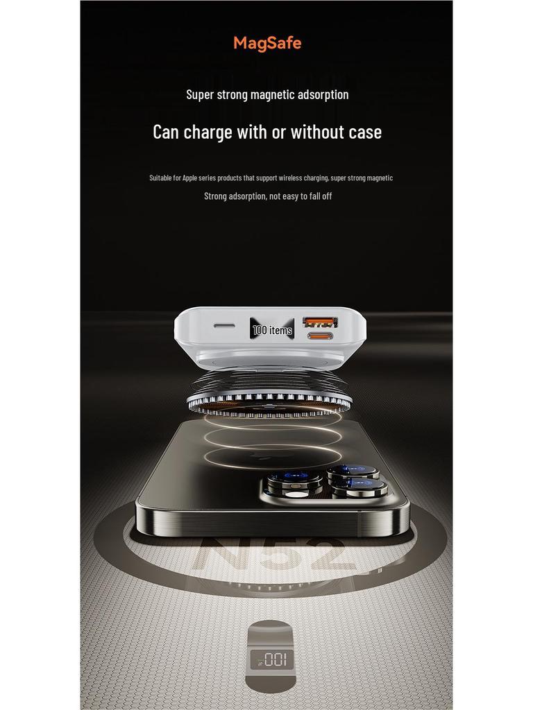 3C Certified Wireless Magnetic Power Bank: 15W PD, Strong Magnet, Built-in Triple Cables & Stand, Ideal for Air Travel.
