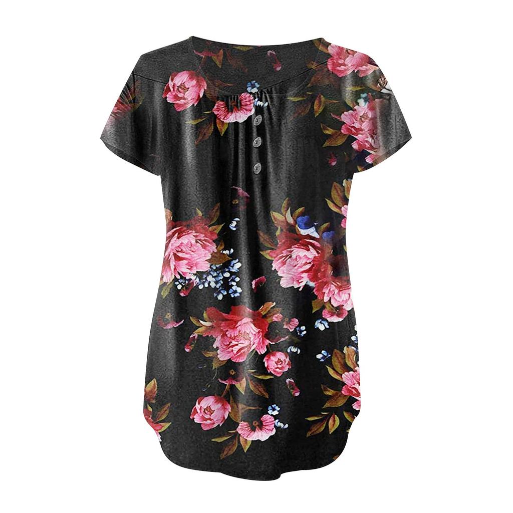 Women's Summer Casual Flower Print Short-sleeved Loose  A-line Swing Top