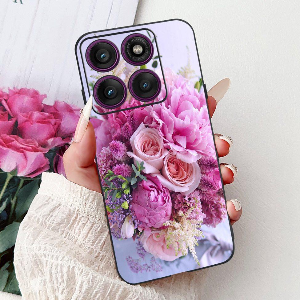For Motorola Edge 60Pro XT2507-1 Back Cover For Motorola Edge 60 Pro Case Cute Cartoon Luxury Flower Painted Black Silicone 6.7"