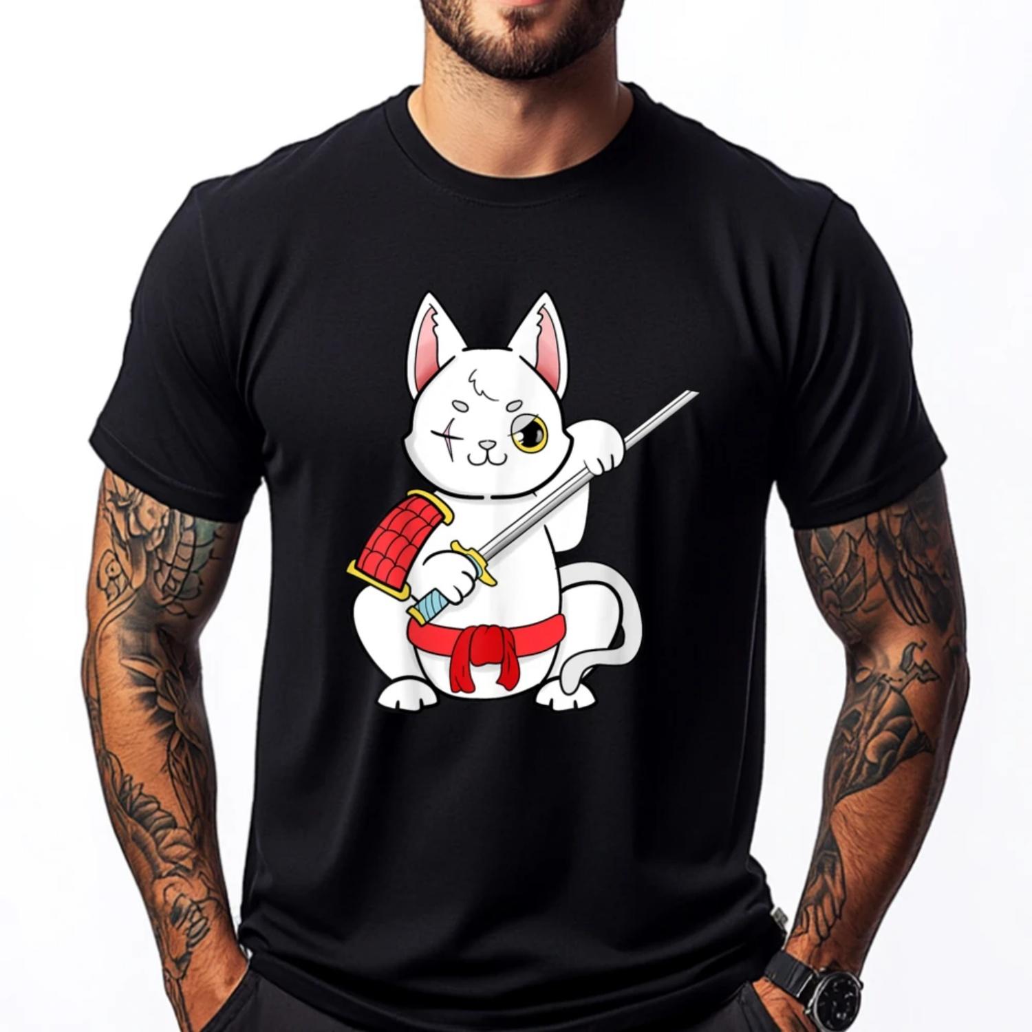 Cat Bushido Ronin Japanese Samurai Harajuku Man T Shirt Tops & Tees Valentines Day Brand T Shirt Men s Cotton T-Shirt Hip Hop S чёрный