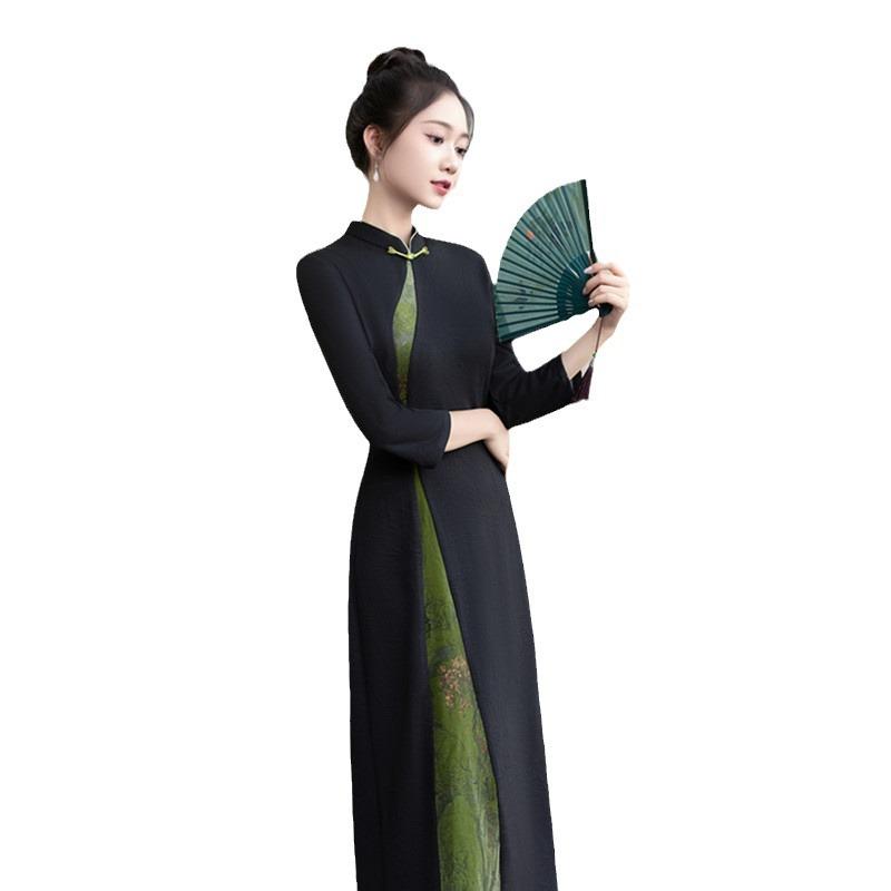 Ai Qi embroidery fashion improvement new Chinese long seven-quarter sleeve cheongsam big swing skirt autumn new daily wear