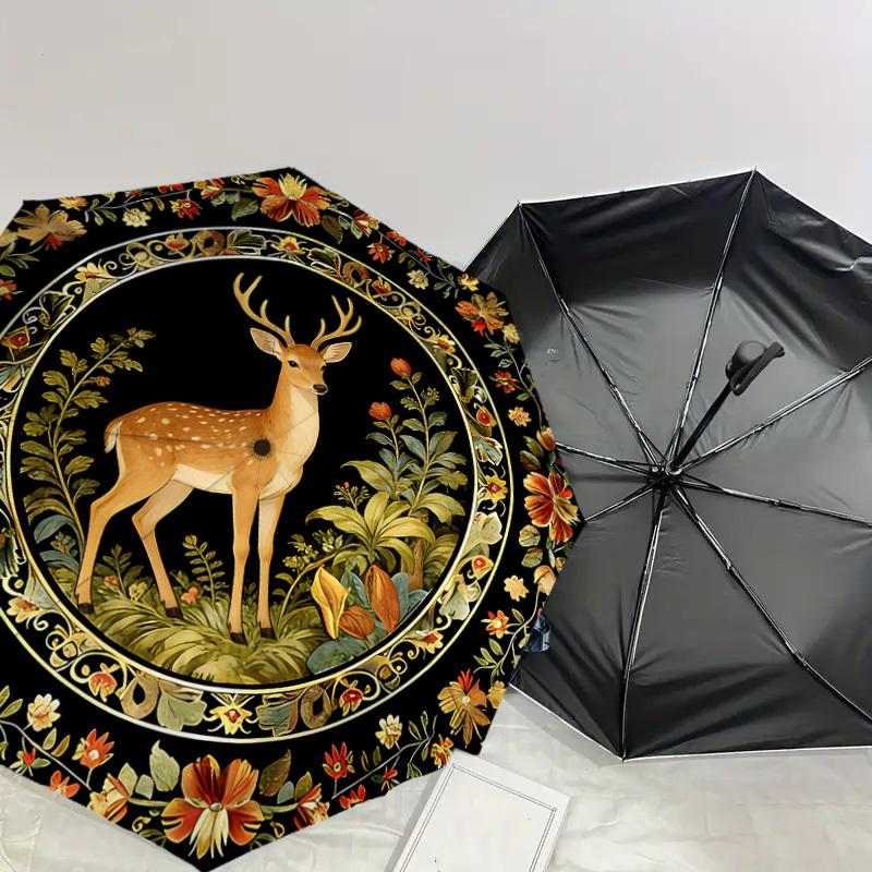 1PC Deer Floral Umbrella-8-Rib Reinforced, Automatic Open, Lightweight & Durable, Cute Fashion Accessory for Outdoor, Beach or Casual Use, Beach Umbre