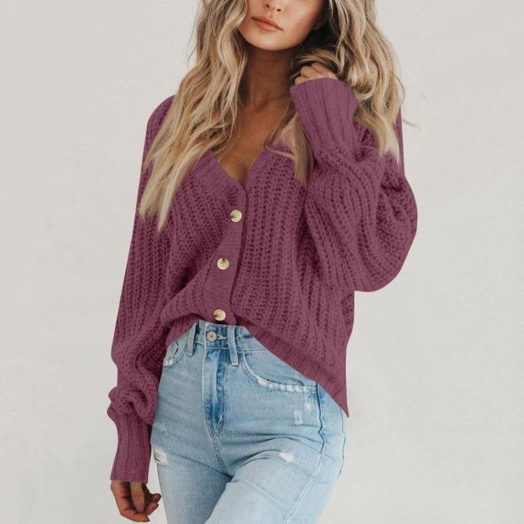 Loose V Neck Button Down Cardigan Women Solid Knitted Long Sleeve